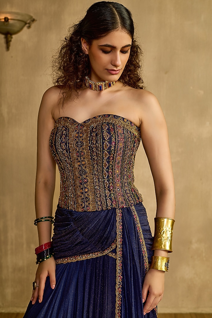 Midnight Blue Cotton Shimmer Net Draped Skirt Set by Reeti Arneja at Pernia's Pop Up Shop
