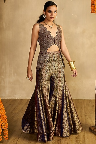 Multi-Colored Khadi Silk Flared Gharara Set by Reeti Arneja
