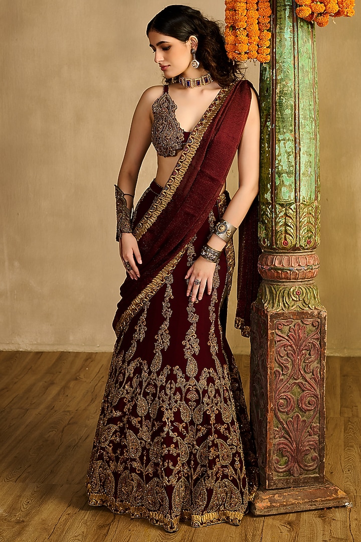 Maroon Double Georgette Banaja Embroidered Flared Bridal Lehenga Set by Reeti Arneja at Pernia's Pop Up Shop