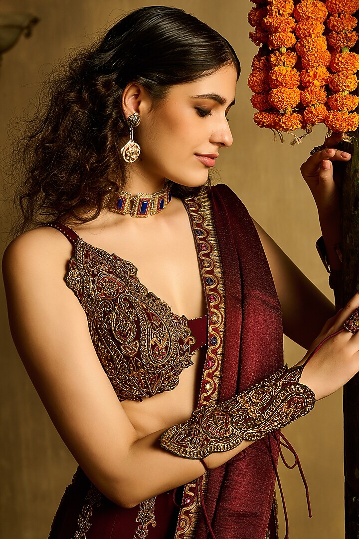 Maroon Double Georgette Banaja Embroidered Flared Bridal Lehenga Set by Reeti Arneja at Pernia's Pop Up Shop