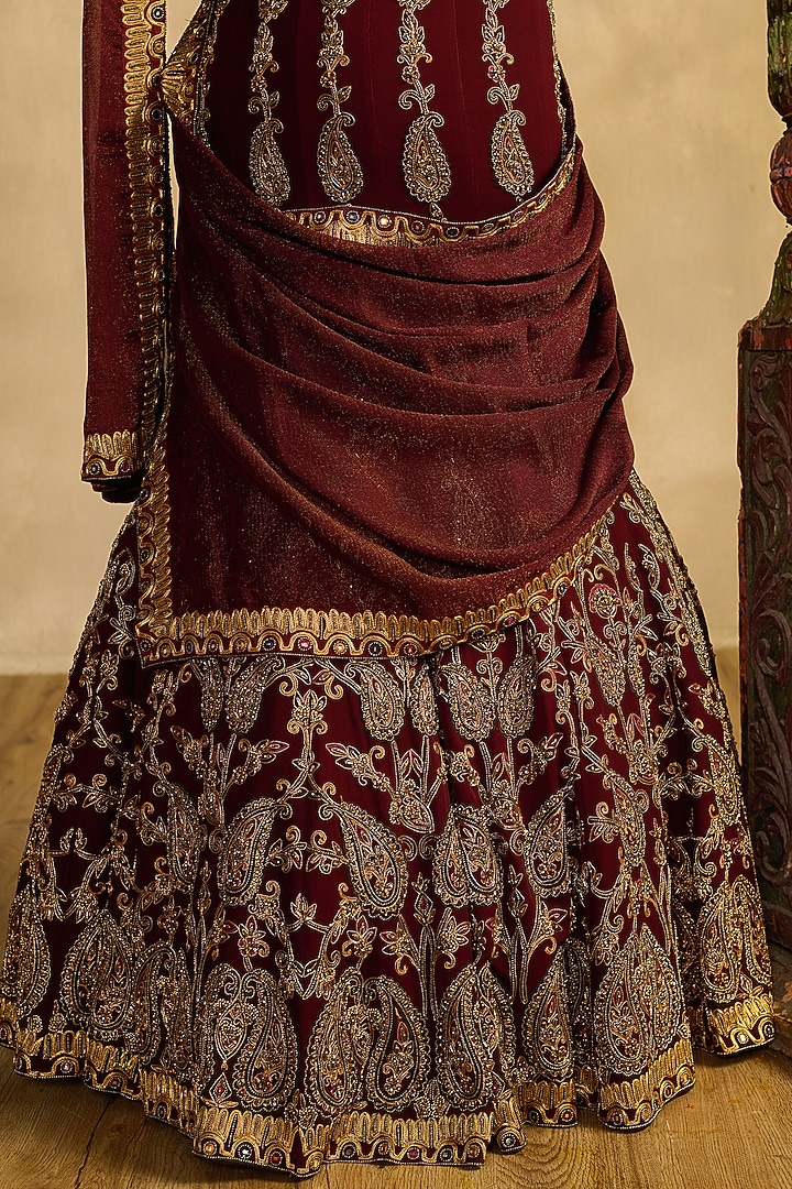 Maroon Double Georgette Banaja Embroidered Flared Bridal Lehenga Set by Reeti Arneja at Pernia's Pop Up Shop
