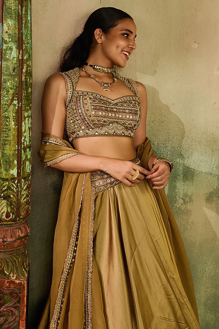 Beige Tissue Embroidered Wedding Lehenga Set by Reeti Arneja at Pernia's Pop Up Shop