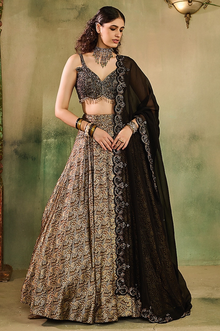 Black Khadi Silk Embroidered Wedding Lehenga Set by Reeti Arneja at Pernia's Pop Up Shop