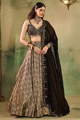 Black Khadi Silk Embroidered Lehenga Set by Reeti Arneja