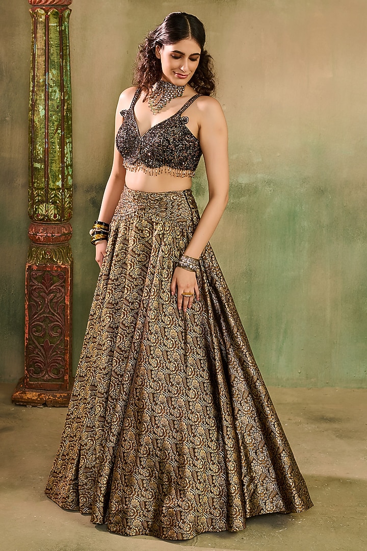 Black Khadi Silk Embroidered Wedding Lehenga Set by Reeti Arneja at Pernia's Pop Up Shop