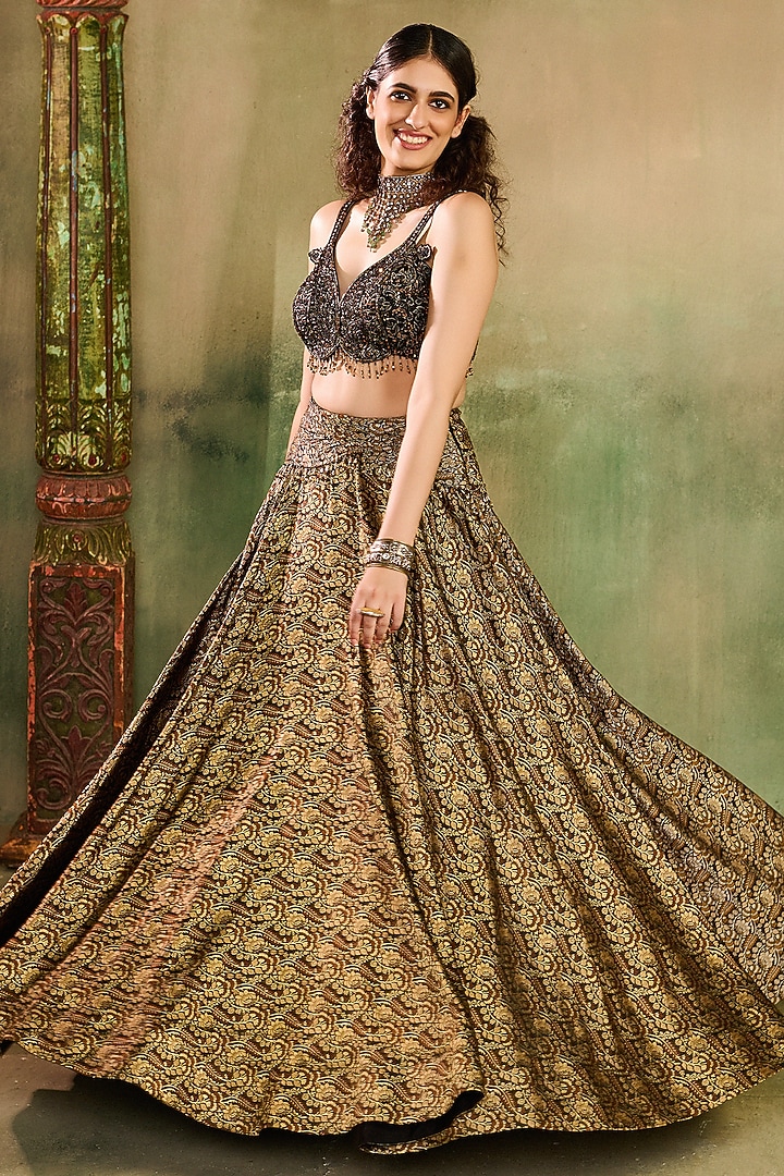 Black Khadi Silk Embroidered Wedding Lehenga Set by Reeti Arneja at Pernia's Pop Up Shop