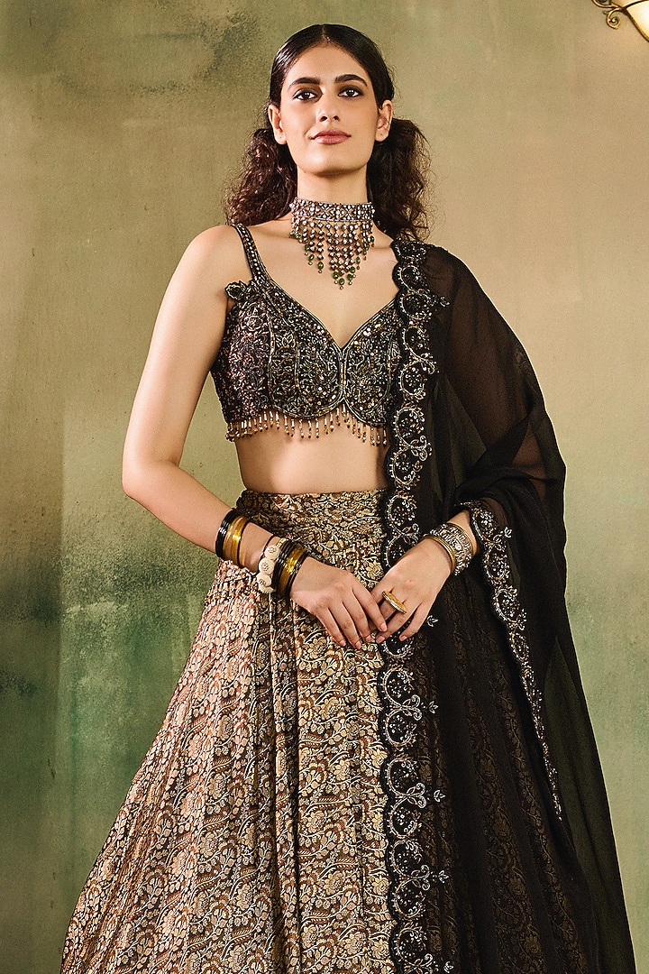 Black Khadi Silk Embroidered Wedding Lehenga Set by Reeti Arneja at Pernia's Pop Up Shop