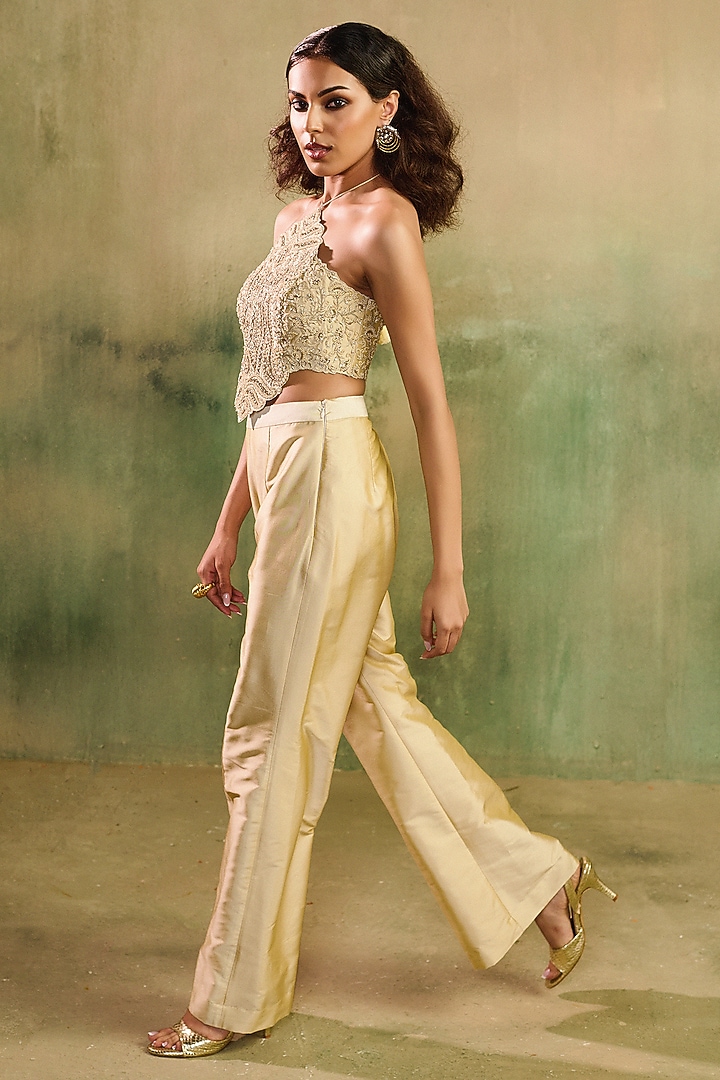 Beige Chanderi Pant Set by Reeti Arneja at Pernia's Pop Up Shop