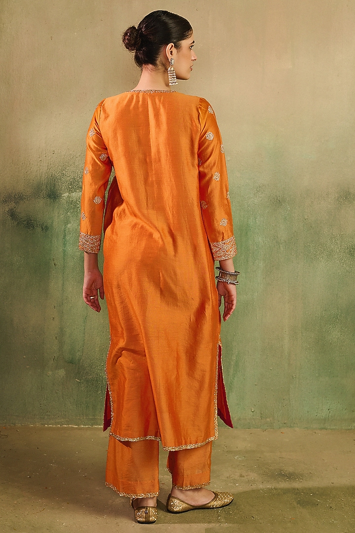 Orange Chanderi Gold Embroidered Kurta Set by Reeti Arneja at Pernia's Pop Up Shop