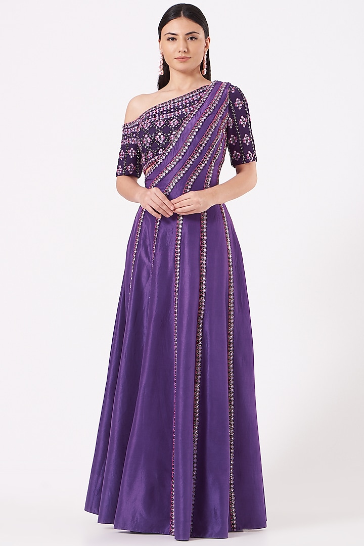 Purple Embellished Draped Gown by Reeti Arneja