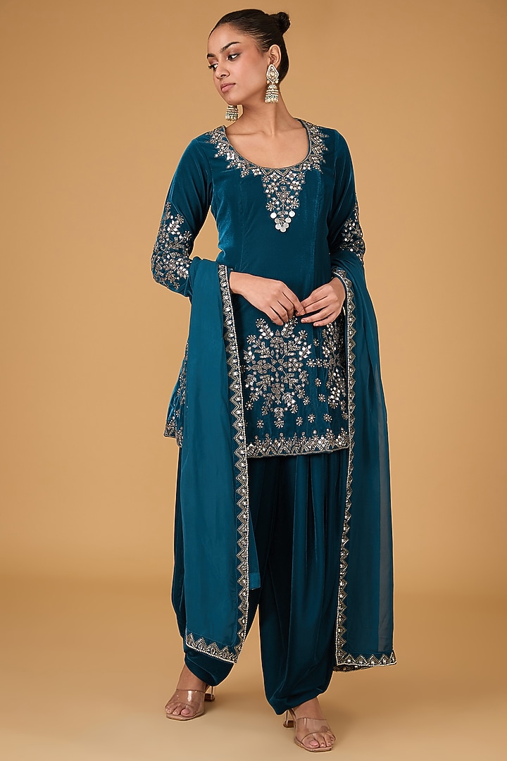 Teal Blue Makhmal Hand Embroidered Peplum Kurta Set by Reeti Arneja at Pernia's Pop Up Shop