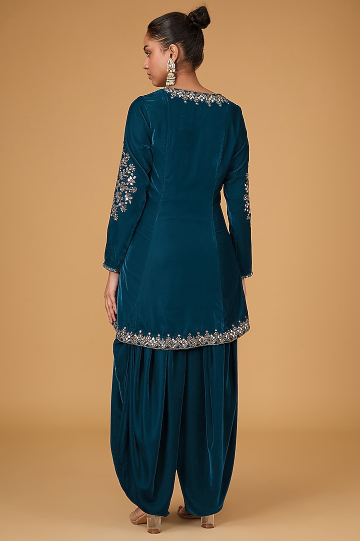 Teal Blue Makhmal Hand Embroidered Peplum Kurta Set by Reeti Arneja at Pernia's Pop Up Shop
