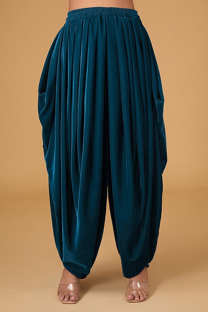 Teal Blue Makhmal Hand Embroidered Peplum Kurta Set by Reeti Arneja at Pernia's Pop Up Shop