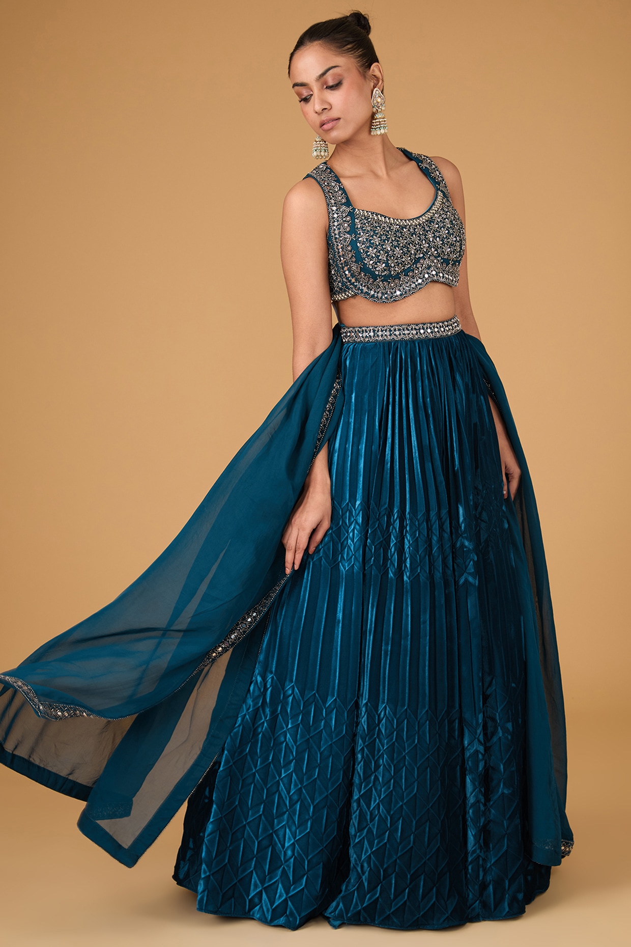 Buy Jacquard Navy Blue and White Designer Classic Lehenga Choli Online