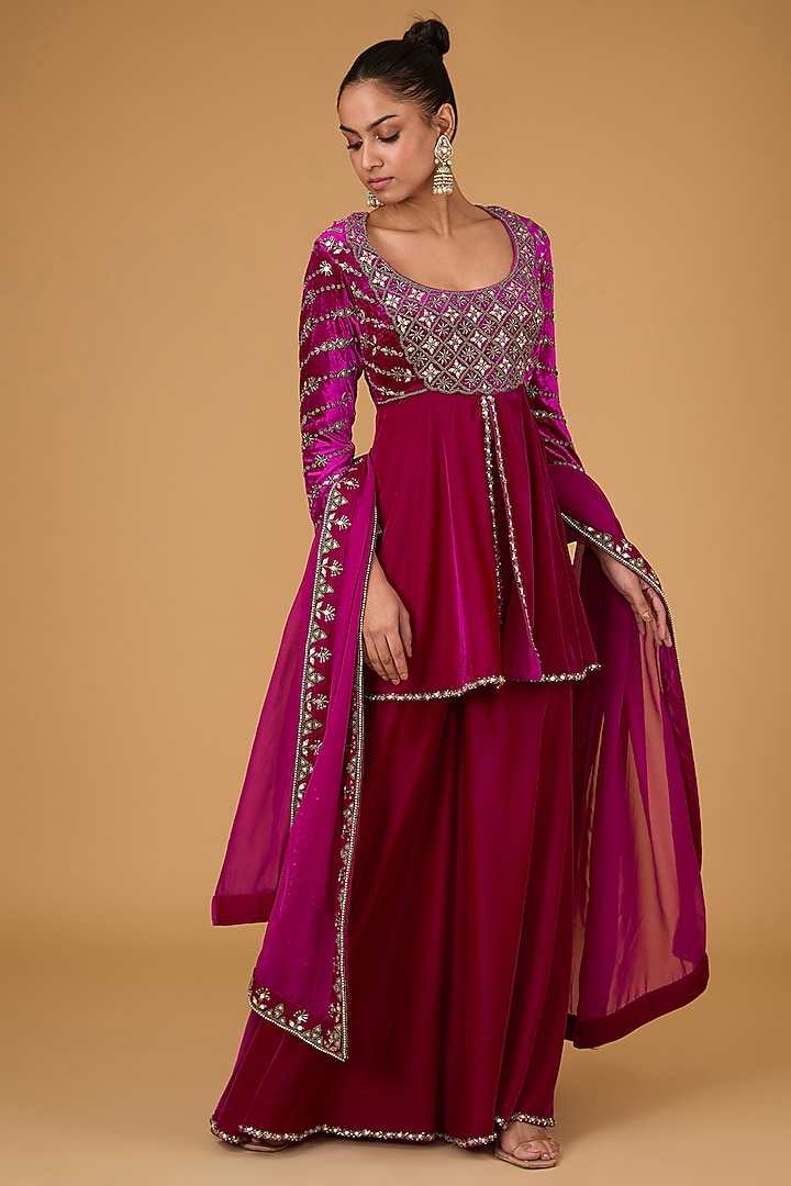 Magenta Velvet Wedding Sharara Set by Reeti Arneja at Pernia's Pop Up Shop