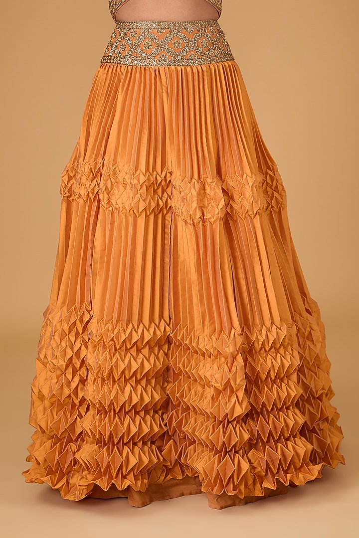 Orange Velvet Hand Embroidered Pleated Wedding Lehenga Set by Reeti Arneja at Pernia's Pop Up Shop