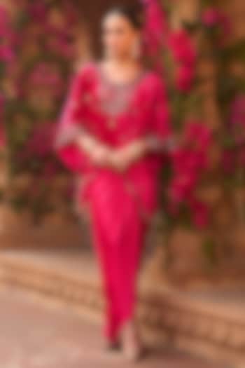Magenta Pink Velvet Draped Dhoti Skirt Set by Reeti Arneja