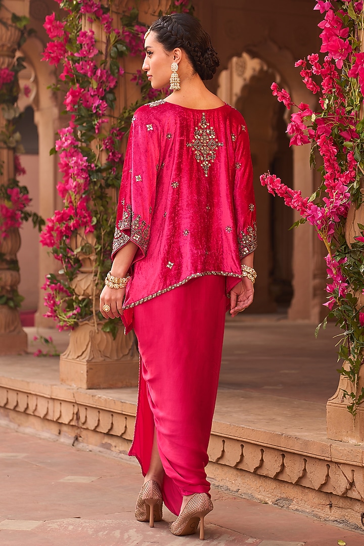 Magenta Pink Velvet Draped Dhoti Skirt Set by Reeti Arneja at Pernia's Pop Up Shop