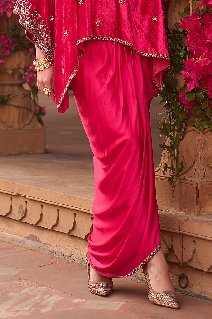 Magenta Pink Velvet Draped Dhoti Skirt Set by Reeti Arneja at Pernia's Pop Up Shop
