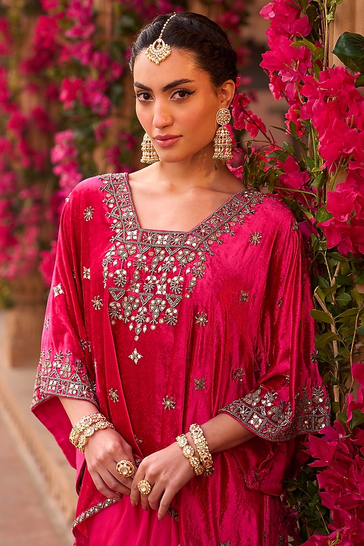Magenta Pink Velvet Draped Dhoti Skirt Set by Reeti Arneja at Pernia's Pop Up Shop