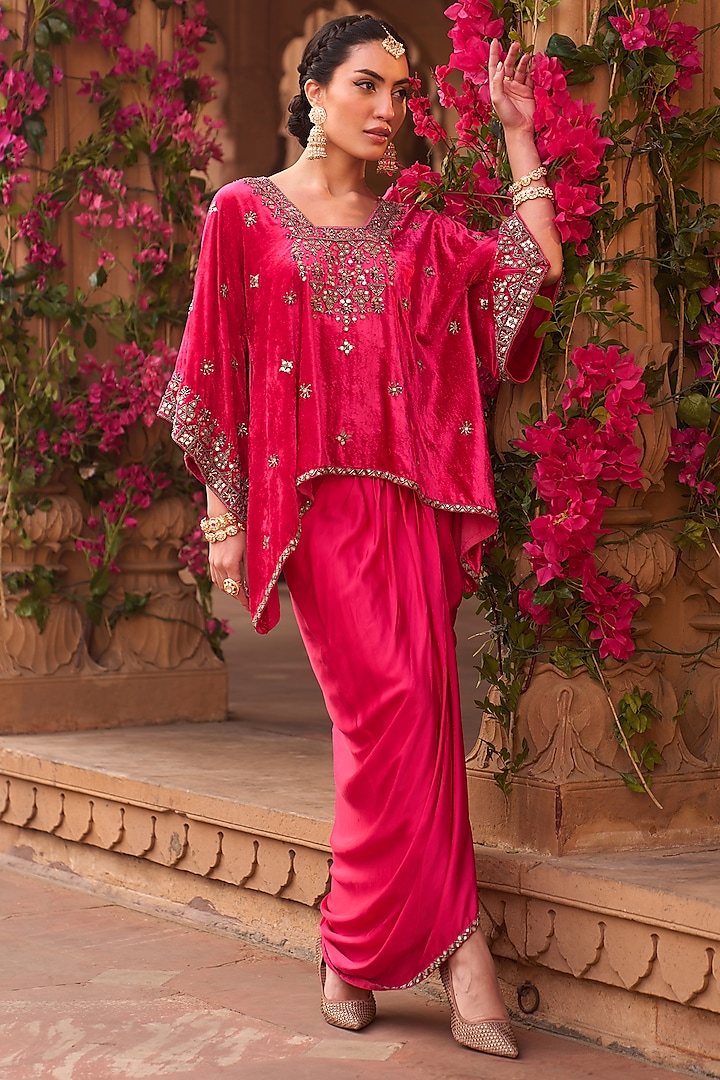 Magenta Pink Velvet Draped Dhoti Skirt Set by Reeti Arneja at Pernia's Pop Up Shop