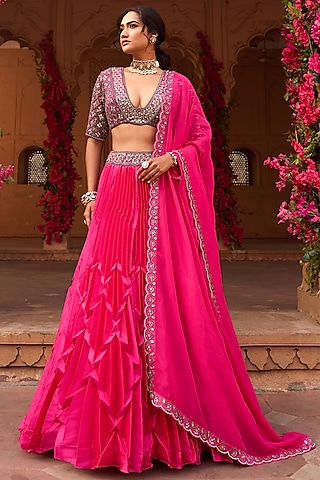 Magenta Pink Taffeta Hand Embroidered Pleated Lehenga Set 
 by Reeti Arneja