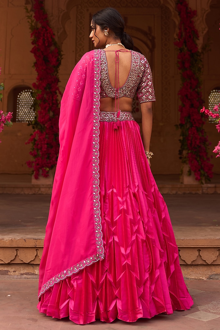 Magenta Pink Taffeta Hand Embroidered Pleated Wedding Lehenga Set 
 by Reeti Arneja at Pernia's Pop Up Shop
