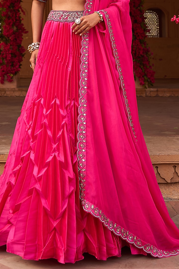 Magenta Pink Taffeta Hand Embroidered Pleated Wedding Lehenga Set 
 by Reeti Arneja at Pernia's Pop Up Shop