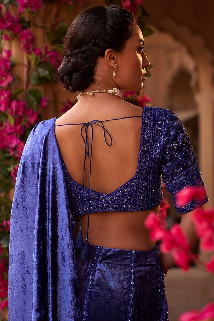 Indigo Blue Organza & Silk Velvet Beads Embroidered Fish Cut Draped Reception Saree Set by Reeti Arneja at Pernia's Pop Up Shop