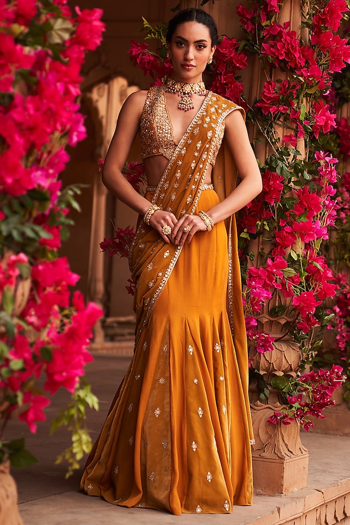 Haldi Yellow Velvet Draped Saree Set Design by Reeti Arneja at Pernia's ...