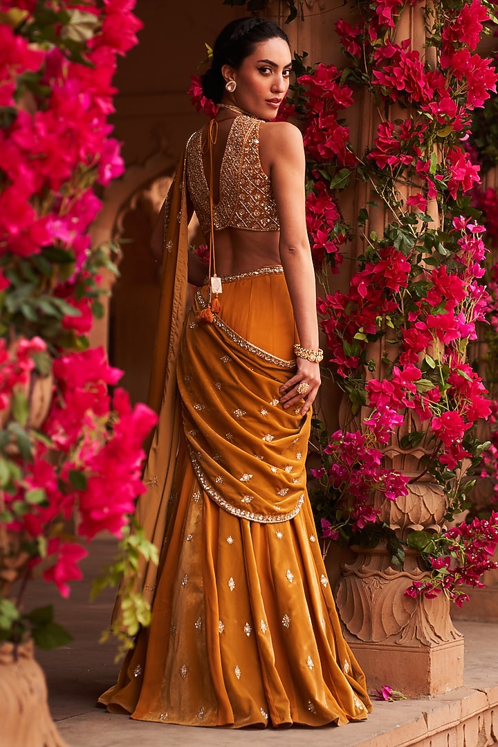 Haldi Yellow Velvet Draped Reception Saree Set by Reeti Arneja at Pernia's Pop Up Shop