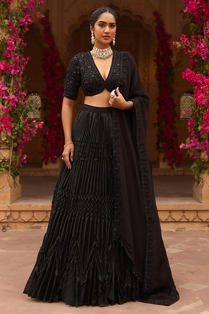 Black Taffeta Silk Hand Embroidered Pleated Lehenga Set by Reeti Arneja