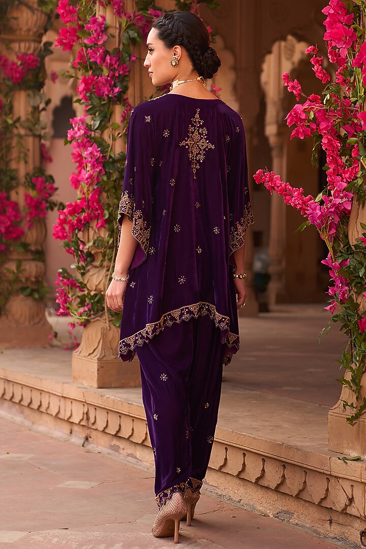 Purple Velvet Gold Hand Embroidered Kaftan Kurta Set by Reeti Arneja at Pernia's Pop Up Shop