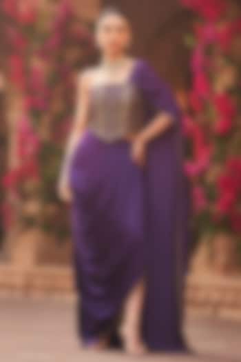 Purple Modal Satin Draped Saree Set by Reeti Arneja