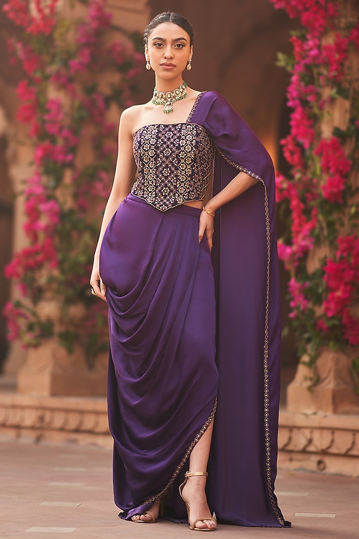 Purple Modal Satin Draped Saree Set by Reeti Arneja