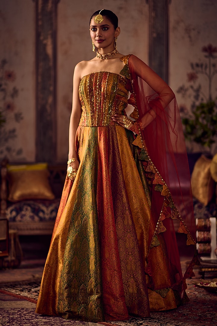Multi-Colored Khadi Silk Banarasi Flared Wedding Lehenga Set by Reeti Arneja at Pernia's Pop Up Shop