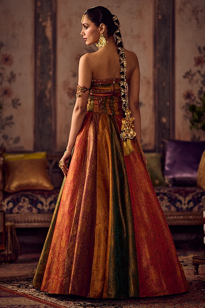Multi-Colored Khadi Silk Banarasi Flared Wedding Lehenga Set by Reeti Arneja at Pernia's Pop Up Shop
