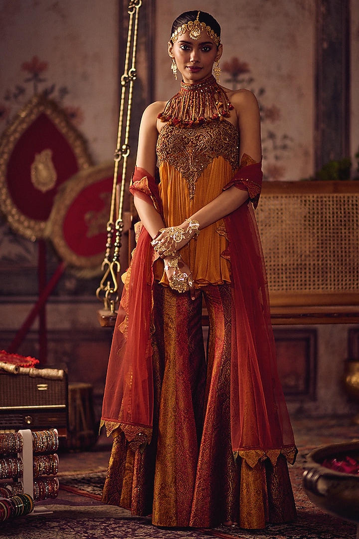 Multi-Colored Khadi Banarasi Kali Wedding Sharara Set by Reeti Arneja at Pernia's Pop Up Shop