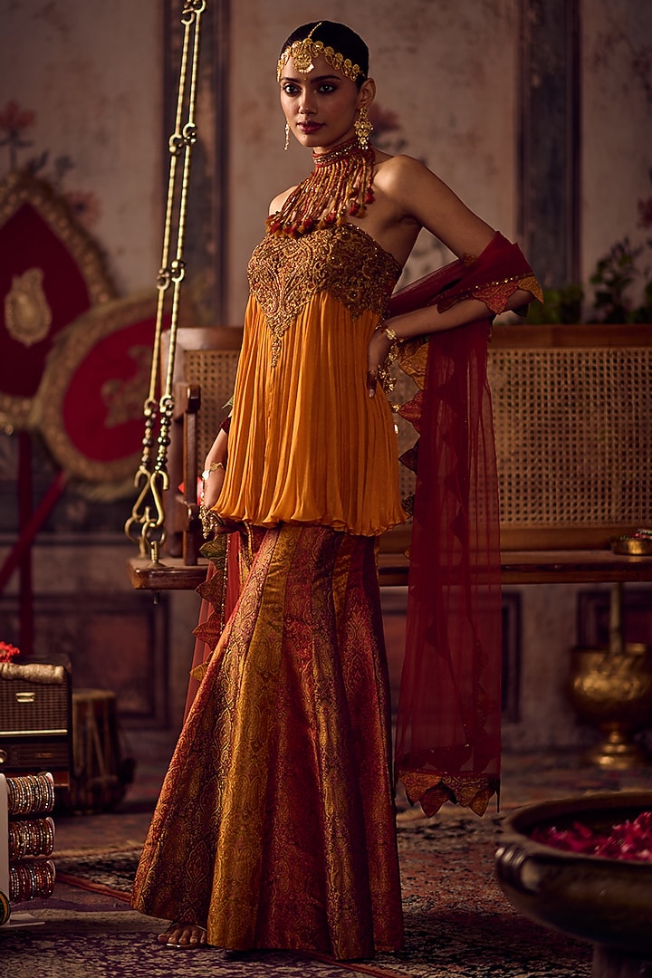 Multi-Colored Khadi Banarasi Kali Wedding Sharara Set by Reeti Arneja at Pernia's Pop Up Shop