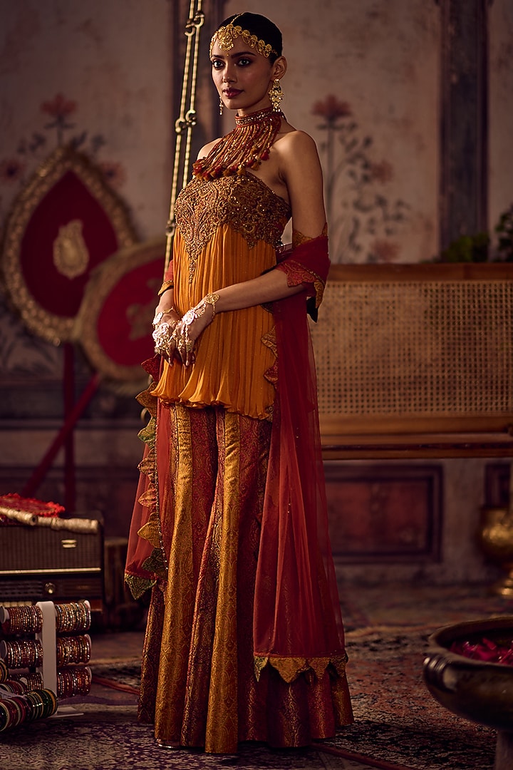 Multi-Colored Khadi Banarasi Kali Wedding Sharara Set by Reeti Arneja at Pernia's Pop Up Shop