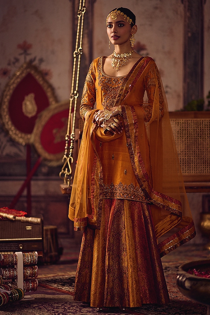 Kesari Color Banarasi Embroidered Flared Wedding Sharara Set by Reeti Arneja at Pernia's Pop Up Shop