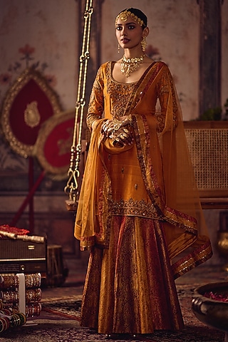 Kesari Color Banarasi Embroidered Flared Sharara Set by Reeti Arneja