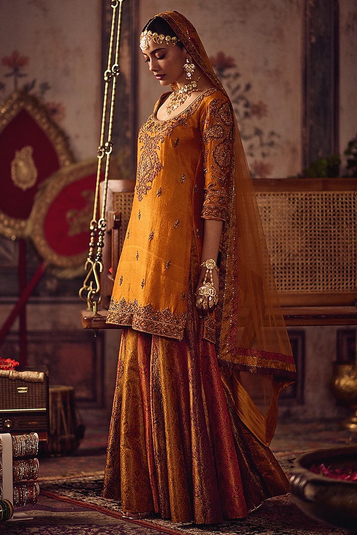 Kesari Color Banarasi Embroidered Flared Wedding Sharara Set by Reeti Arneja at Pernia's Pop Up Shop