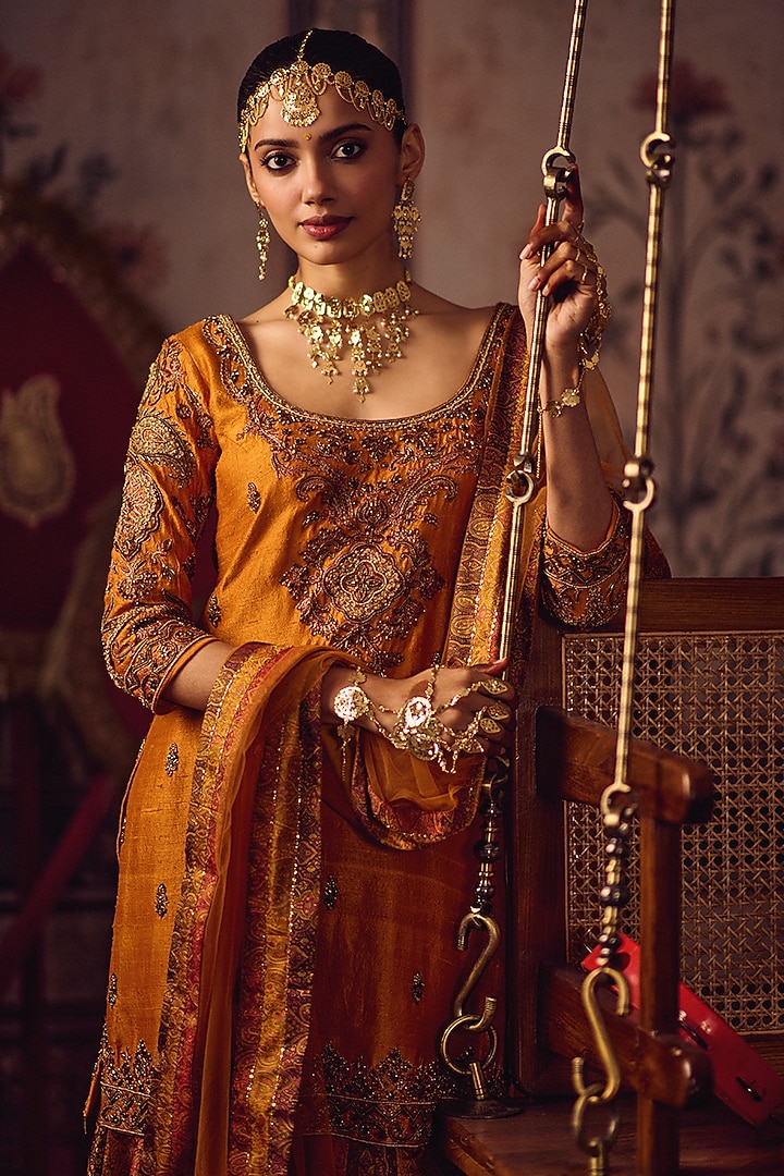 Kesari Color Banarasi Embroidered Flared Wedding Sharara Set by Reeti Arneja at Pernia's Pop Up Shop