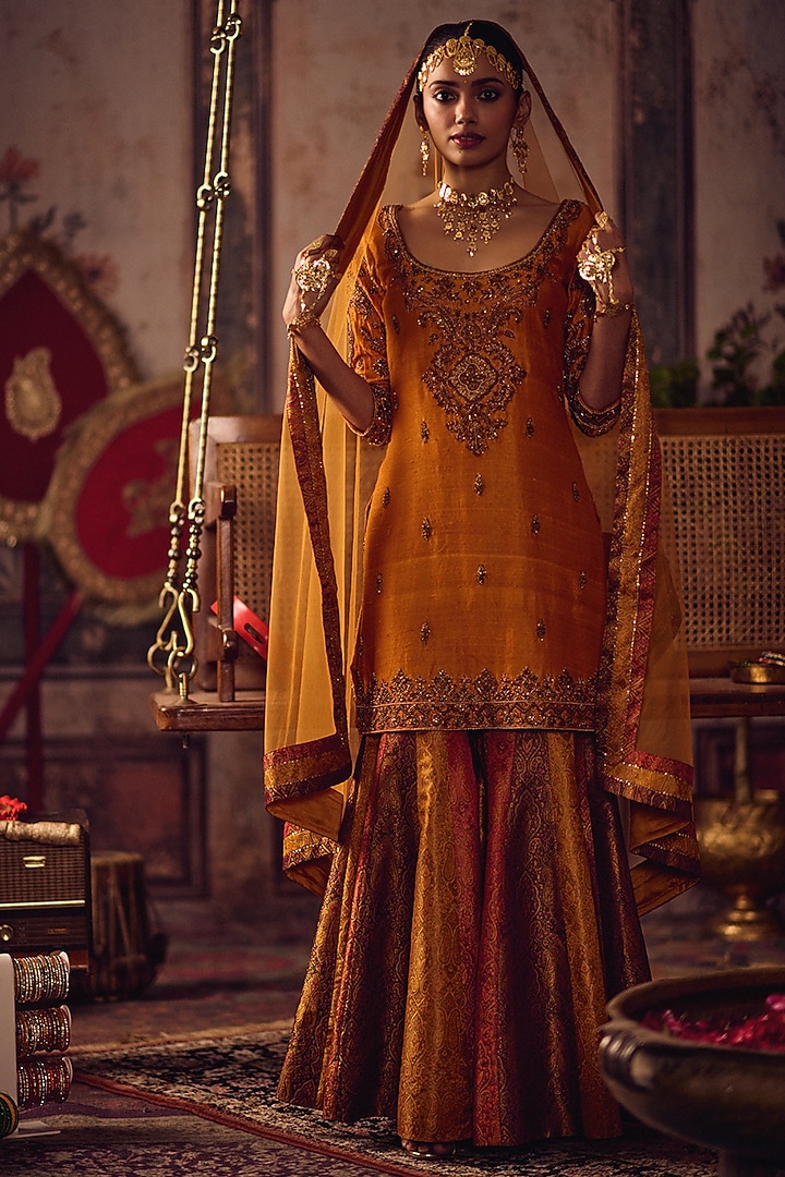 Kesari Color Banarasi Embroidered Flared Wedding Sharara Set by Reeti Arneja at Pernia's Pop Up Shop
