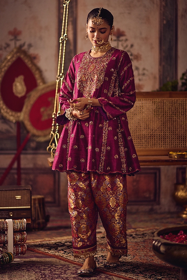 Rani Magenta Raw Silk Zardosi Embroidered A-Line Kurta Set by Reeti Arneja at Pernia's Pop Up Shop