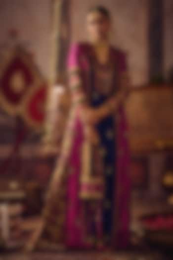 Royal Blue & Magenta Pink Raw Silk Zardosi Embroidered Kaftan Kurta Set by Reeti Arneja at Pernia's Pop Up Shop