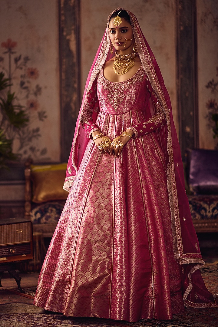 Rani Pink Silk Banarasi Hand Embroidered Bridal Anarkali With Dupatta by Reeti Arneja at Pernia's Pop Up Shop