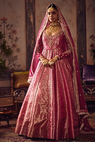 Rani Pink Silk Banarasi Hand Embroidered Anarkali With Dupatta by Reeti Arneja