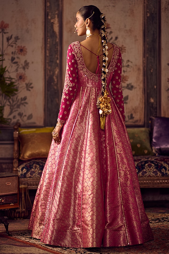 Rani Pink Silk Banarasi Hand Embroidered Bridal Anarkali With Dupatta by Reeti Arneja at Pernia's Pop Up Shop
